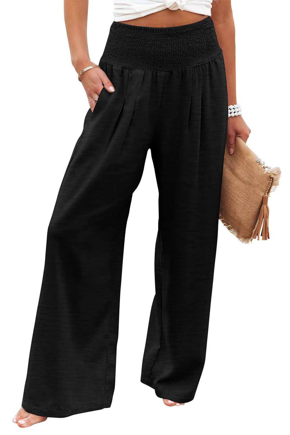 Black Shirred High Waist Plus Size Wide Leg Pants