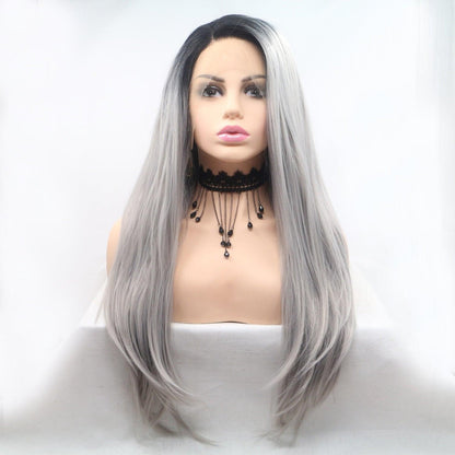 Long straight gray wig with black lace trim, featuring a high-density synthetic design for a natural look.