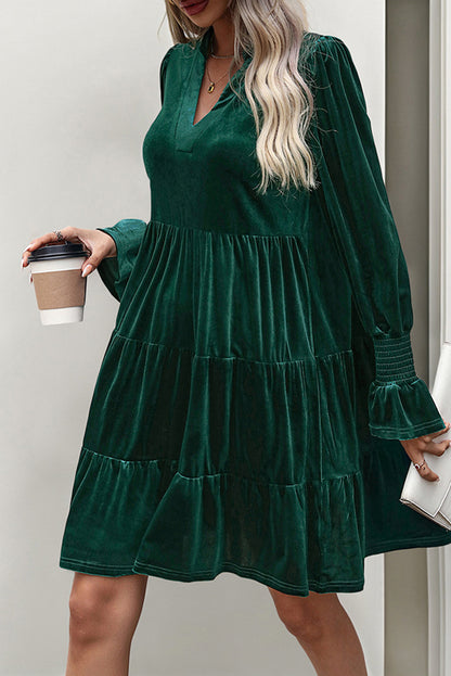 Evergreen Long Sleeve V Neck Velvet Short Dress