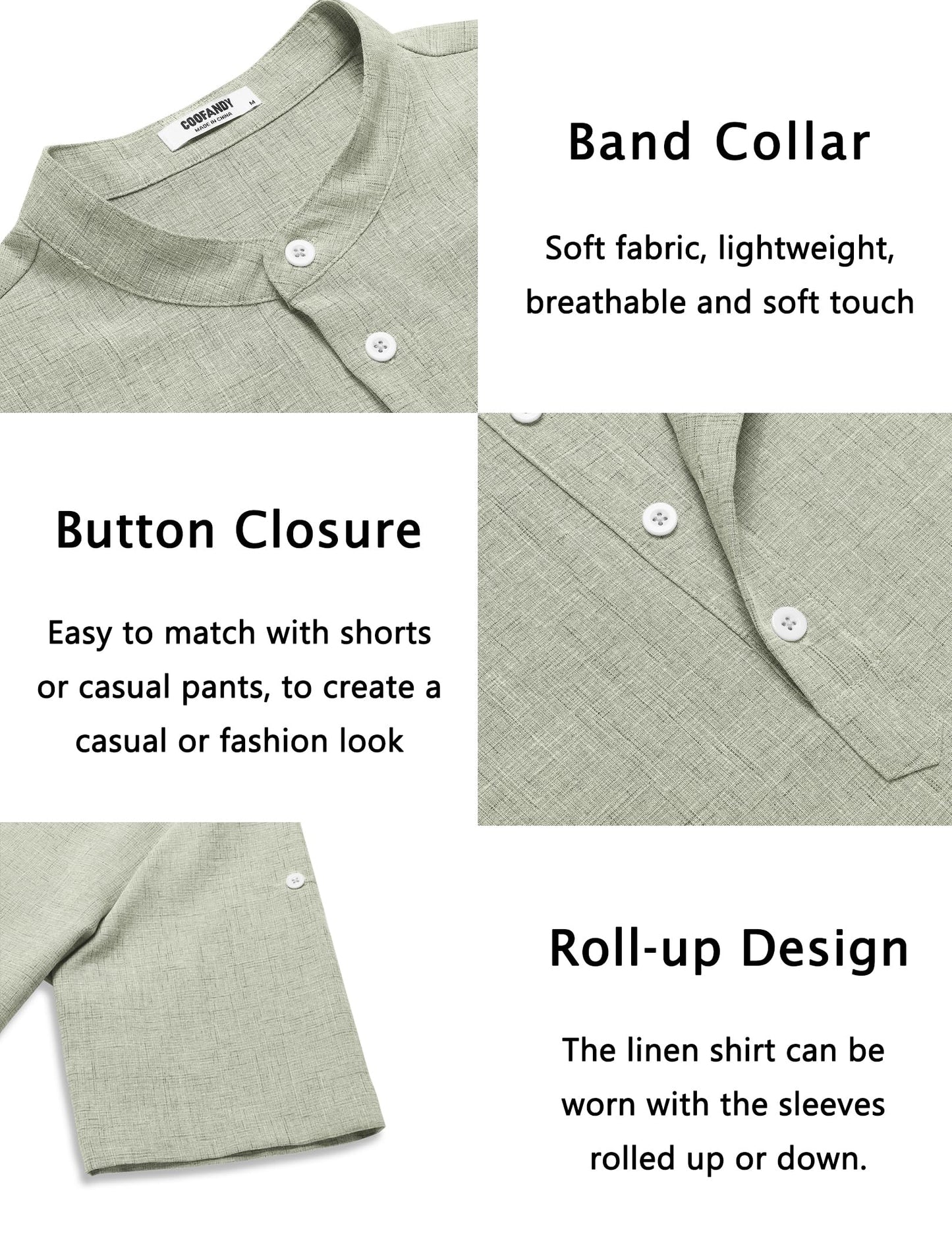 COOFANDY Men's Casual Henley Shirt Short Sleeve Band Collar Linen Shirt Summer Beach Hippie T-Shirts