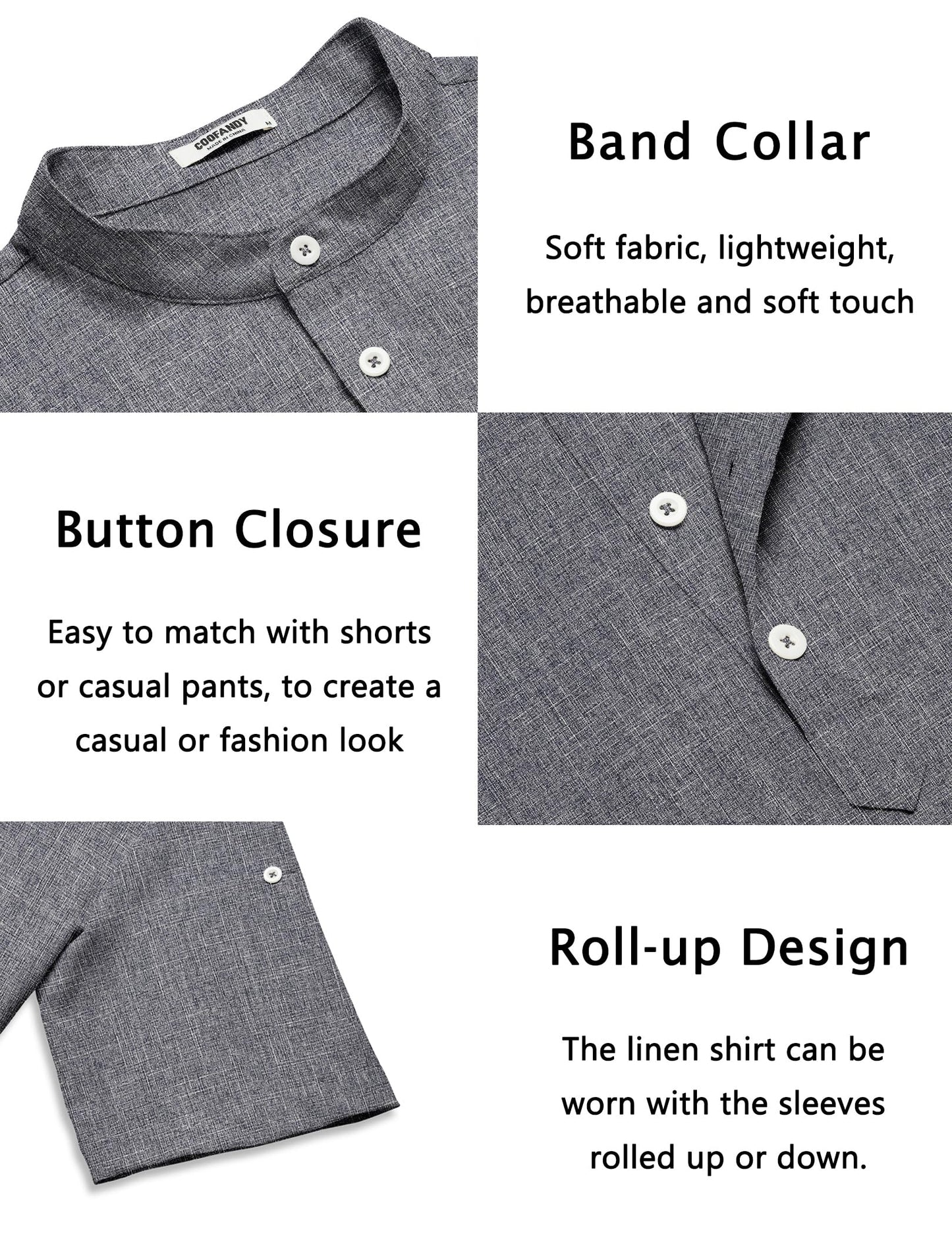 COOFANDY Men's Casual Henley Shirt Short Sleeve Band Collar Linen Shirt Summer Beach Hippie T-Shirts