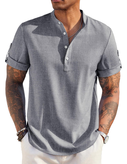 COOFANDY Men's Casual Henley Shirt Short Sleeve Band Collar Linen Shirt Summer Beach Hippie T-Shirts