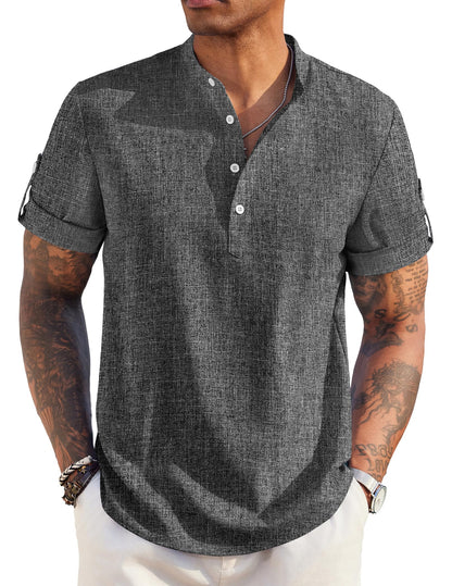 COOFANDY Men's Casual Henley Shirt Short Sleeve Band Collar Linen Shirt Summer Beach Hippie T-Shirts