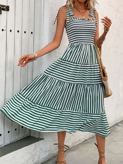 Smocked Striped Square Neck Midi Dress