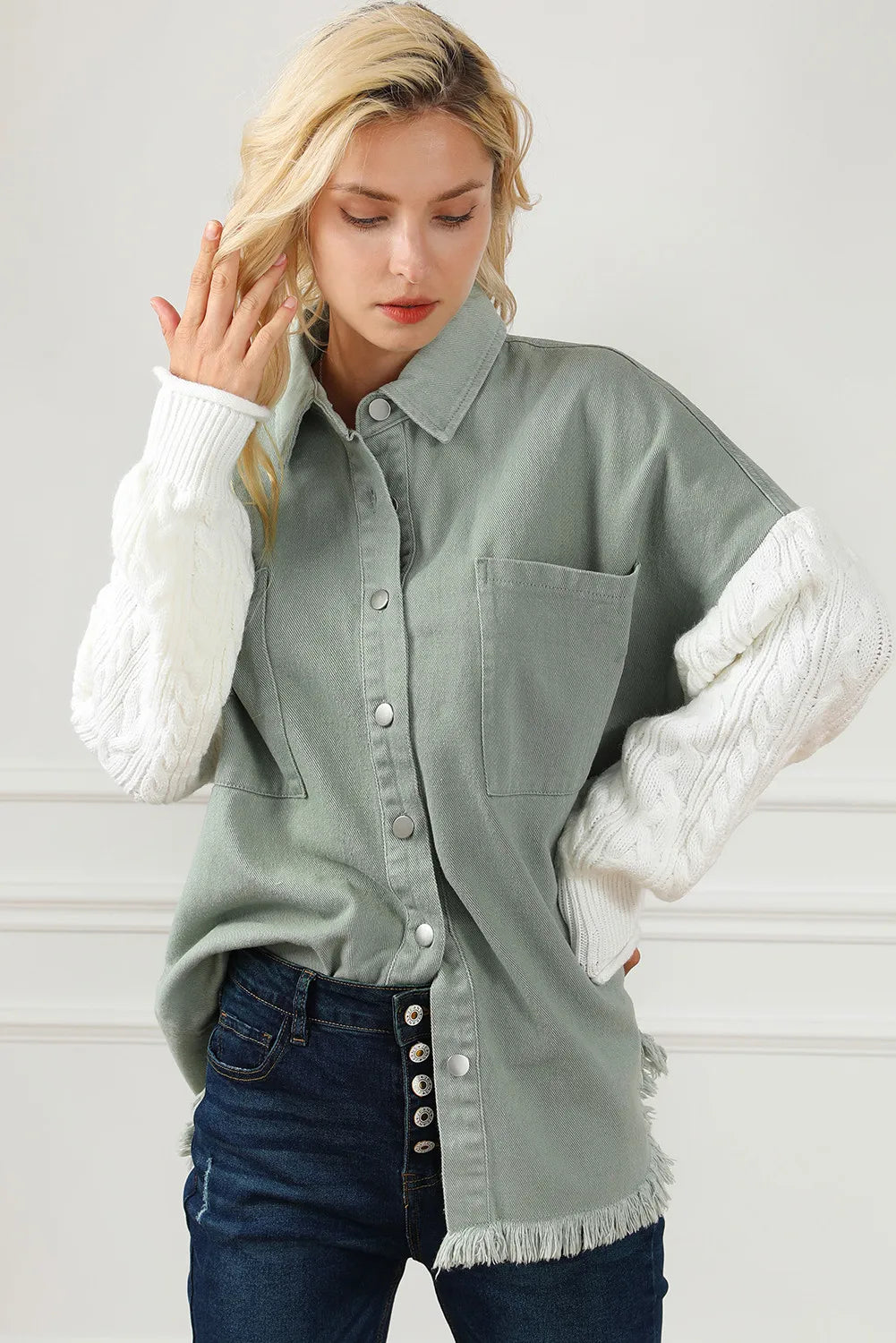 Raw Hem Collared Neck Button Up Long Sleeve Jacket