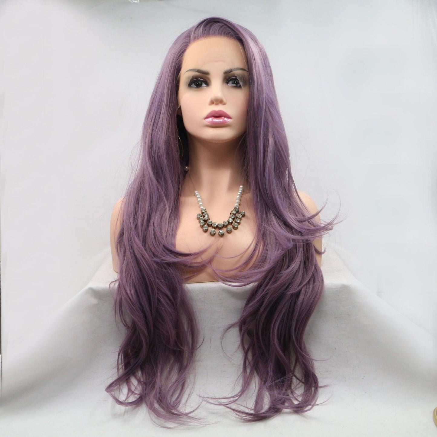 Vibrant purple-colored synthetic long wavy wig with 130% density and lace front for natural-looking hairline