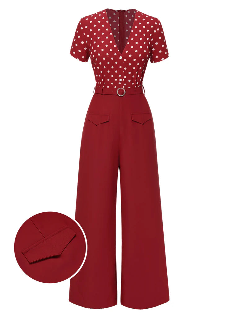 a red jumpsuit with white polka dots on it