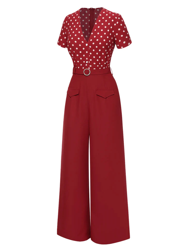 a red jumpsuit with white polka dots on it