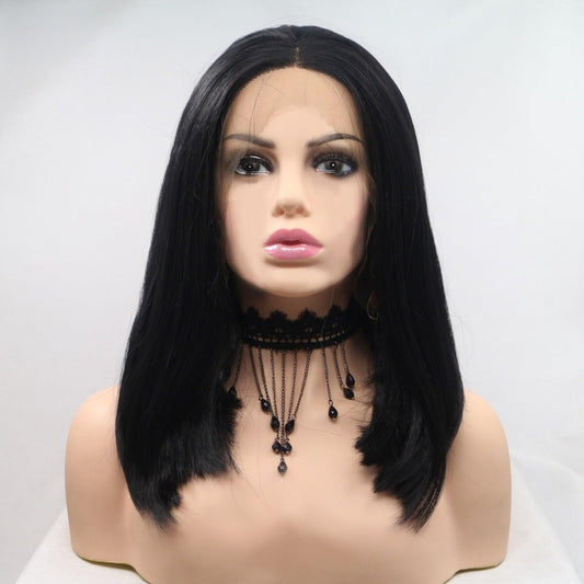 Synthetic mid-length straight black wig with lace front and 130% density