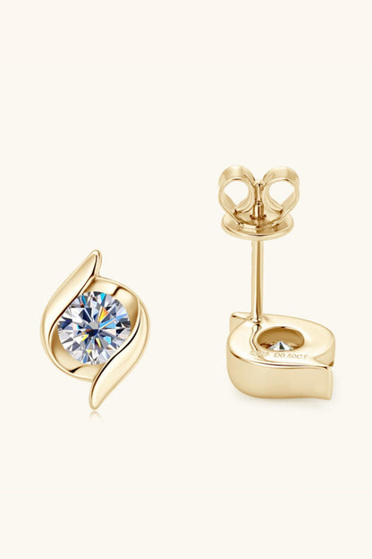 1 Carat Moissanite 925 Sterling Silver Stud Earrings in gleaming gold tone, featuring a sparkling round-cut center stone set in a sleek floral-inspired design.