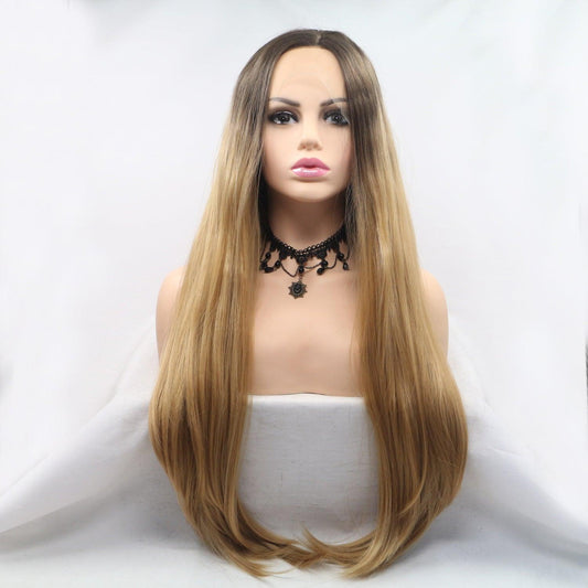 Trendy long blonde wig with stunning straight synthetic hair, featured in image.