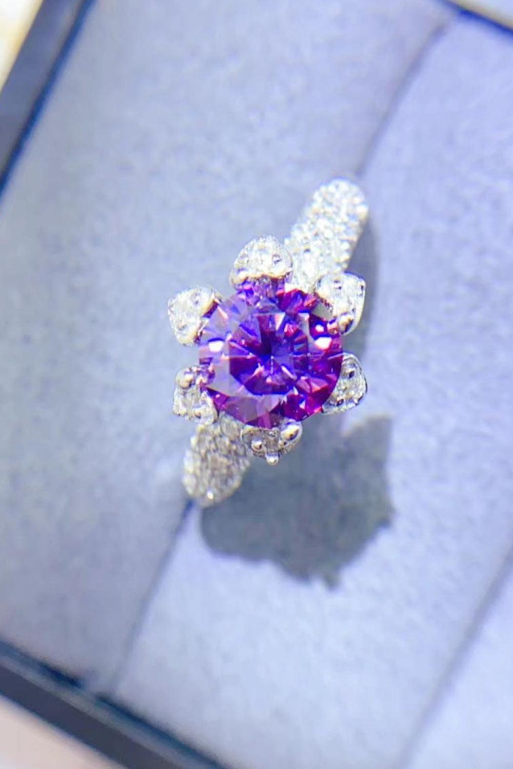 1 Carat Moissanite 925 Sterling Silver Ring with Sparkling Purple Centerpiece and Floral Accents