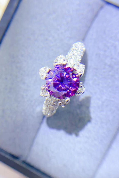 1 Carat Moissanite 925 Sterling Silver Ring with Sparkling Purple Centerpiece and Floral Accents