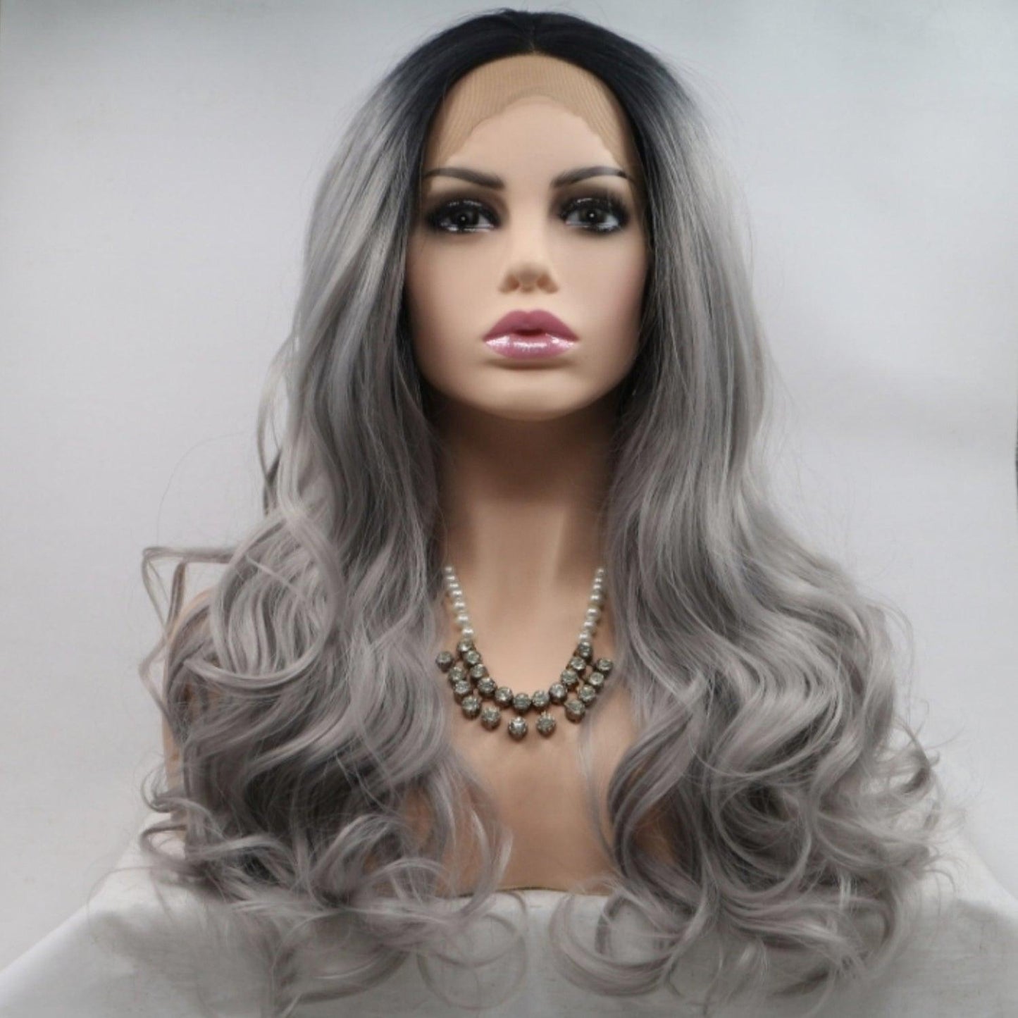 Long wavy gray wig with 130% density and 13x3 lace front for natural-looking hairline