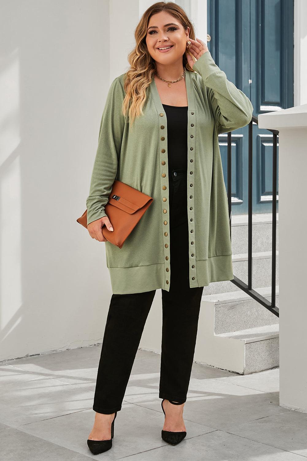 Green Plus Size Snap Buttons Front Knit Cardigan - KevRow5760