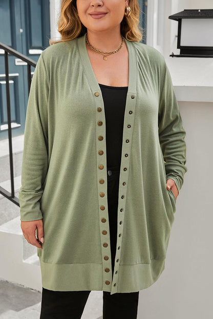 Green Plus Size Snap Buttons Front Knit Cardigan - KevRow5760