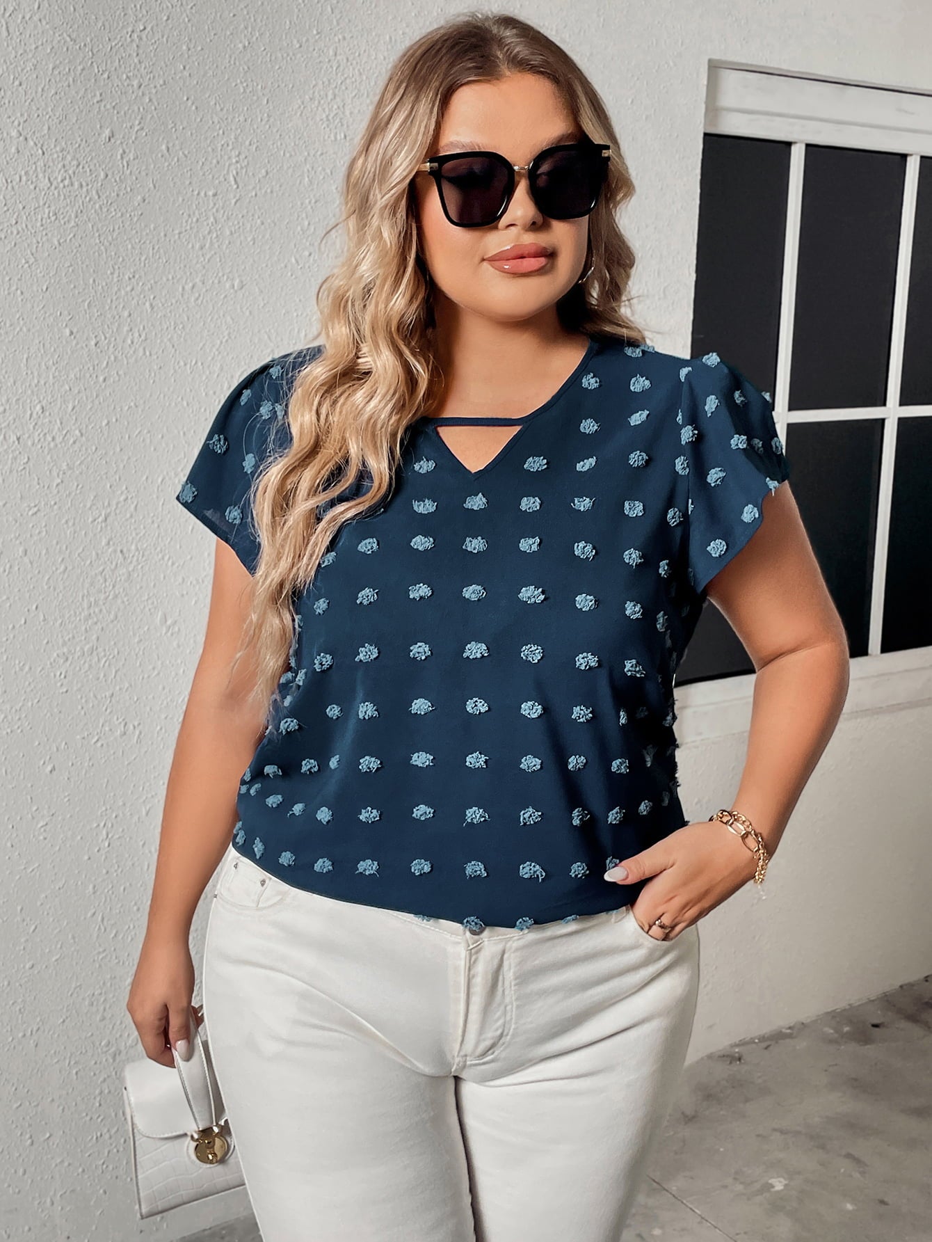 Plus Size Swiss Dot V-Neck Flutter Sleeve Tee