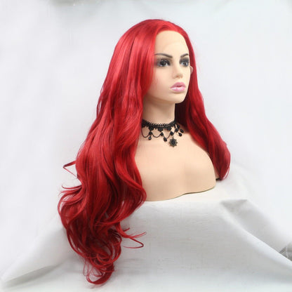 Bright red wavy synthetic wig with long luxurious locks on display.