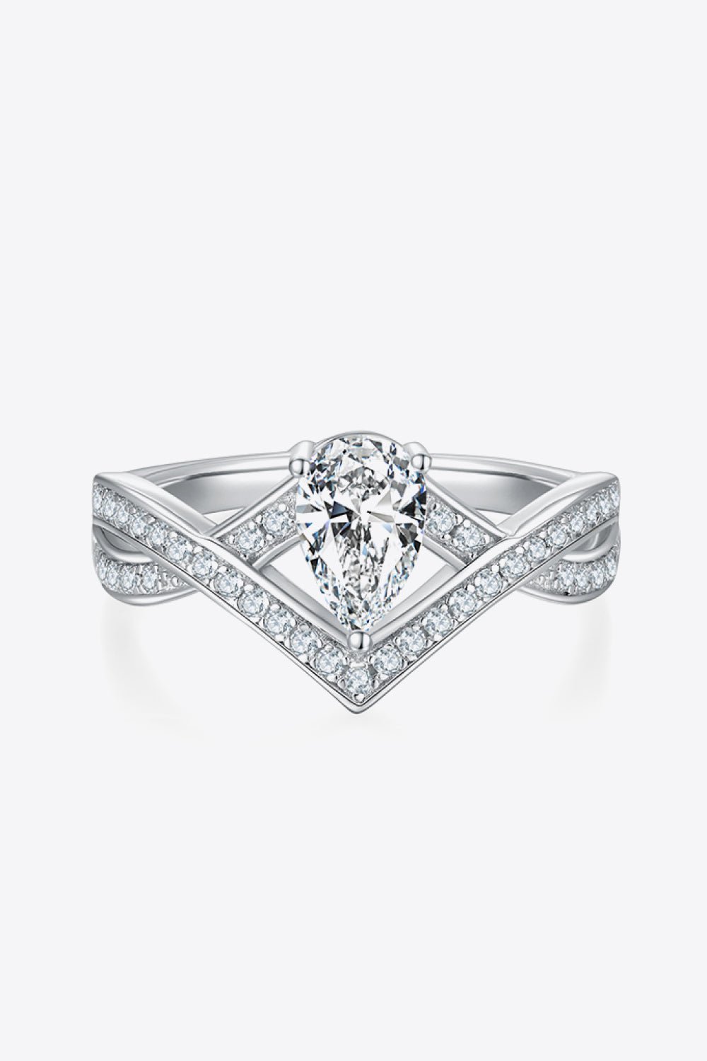 Elegant teardrop-shaped moissanite engagement ring with sparkling diamond accents on a sleek sterling silver band.