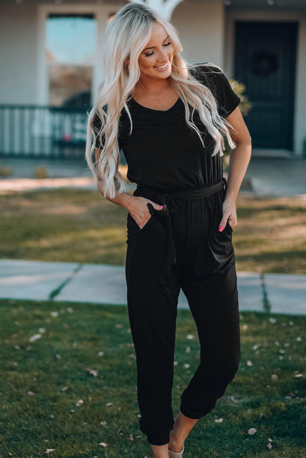 Belted V-Neck Jogger Jumpsuit - KevRow5760