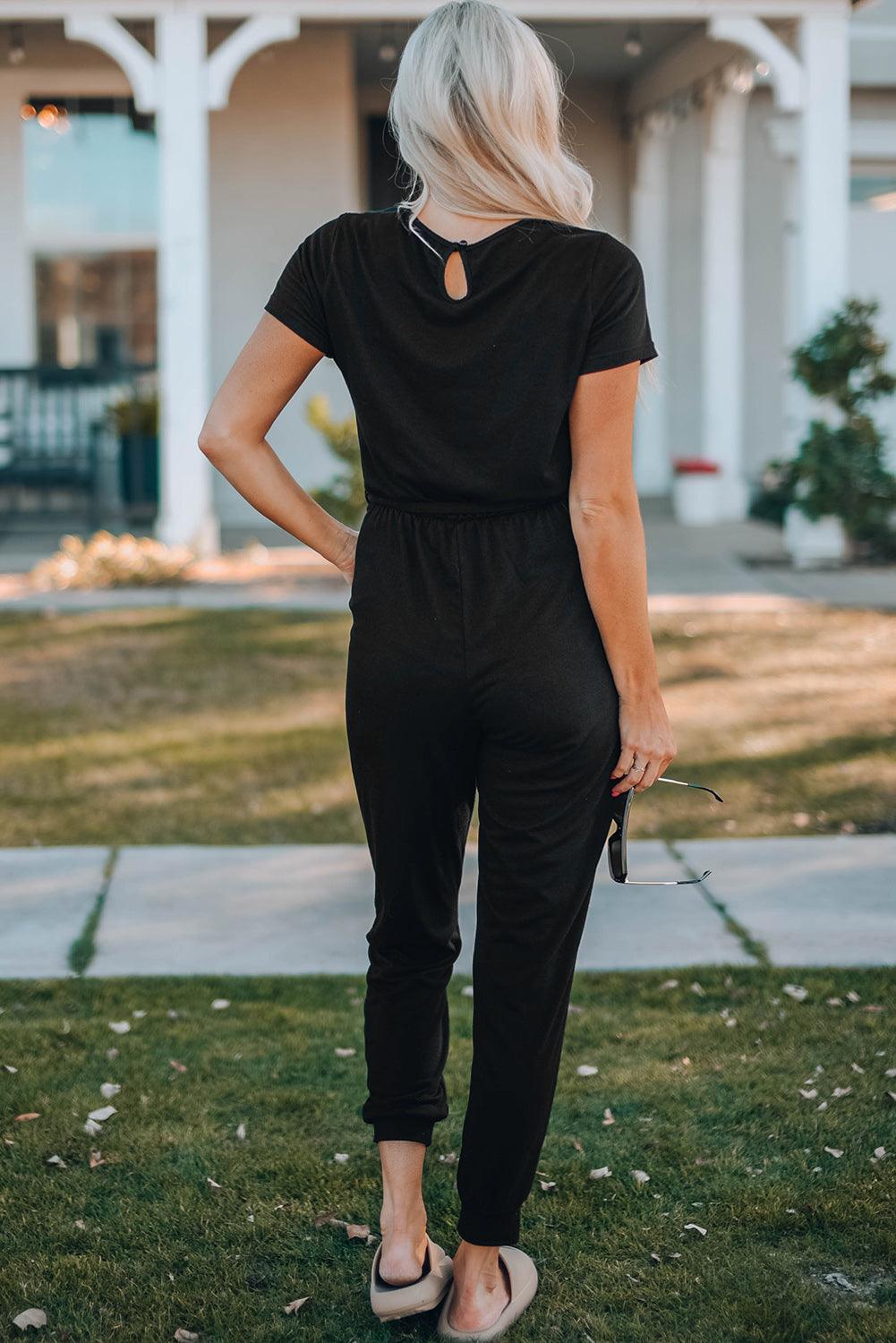 Belted V-Neck Jogger Jumpsuit - KevRow5760