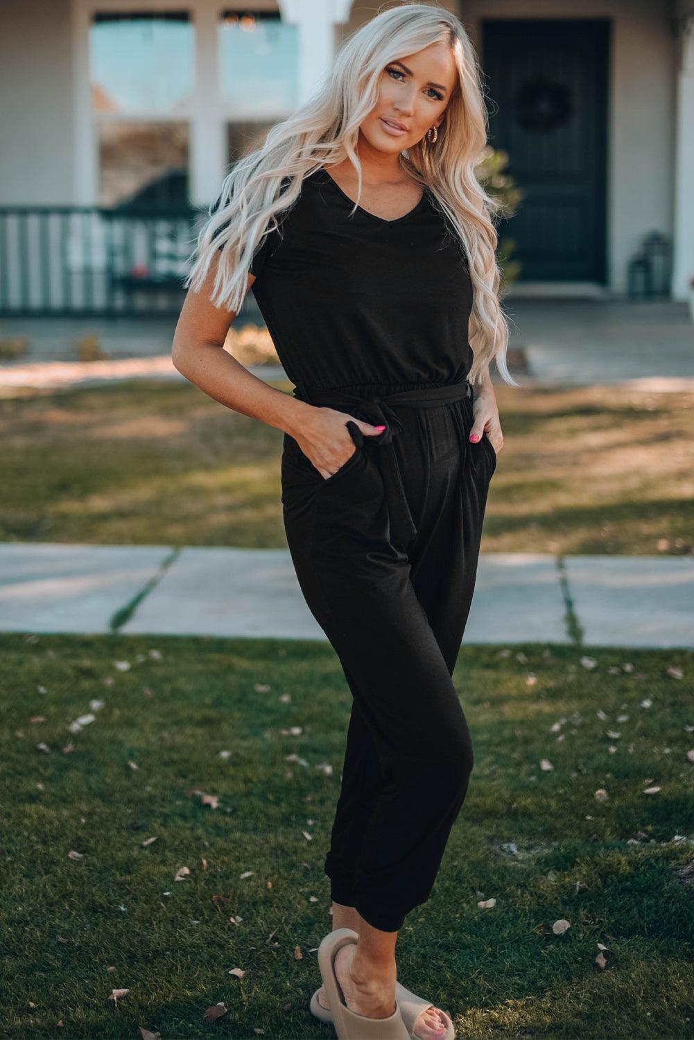 Belted V-Neck Jogger Jumpsuit - KevRow5760