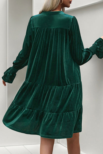 Evergreen Long Sleeve V Neck Velvet Short Dress