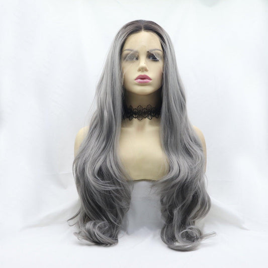 Long wavy 24-inch synthetic gray wig with 130% density and lace front design.