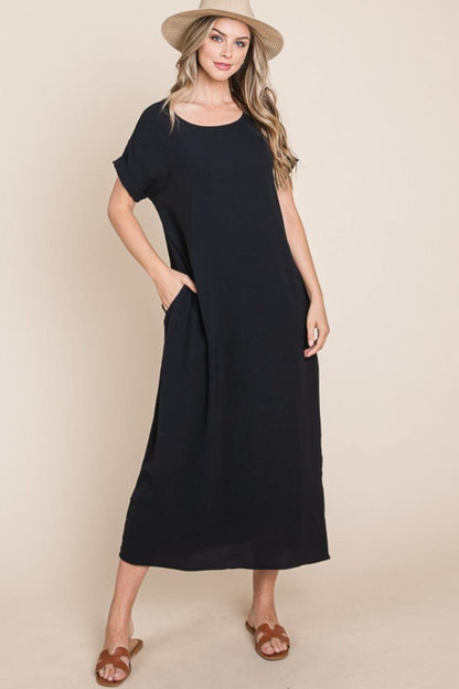 BOMBOM Round Neck Short Sleeve Midi Dress with Pockets - KevRow5760