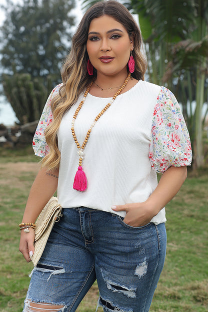 White Contrast Floral Puff Sleeve Ribbed Knit Plus Size Blouse