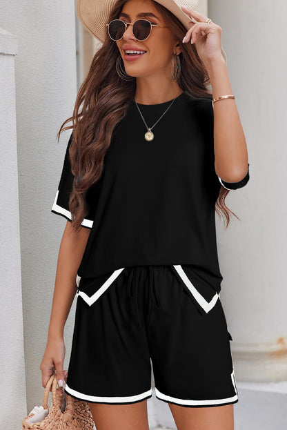 Black Contrast Trim Tee and Shorts Set