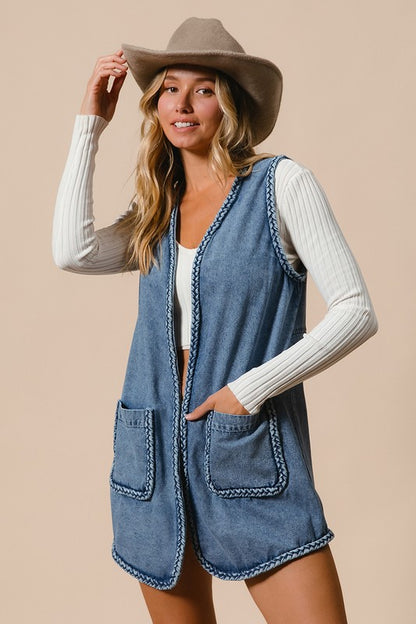 BiBi Braided Trim Open Front Denim Vest with Pockets