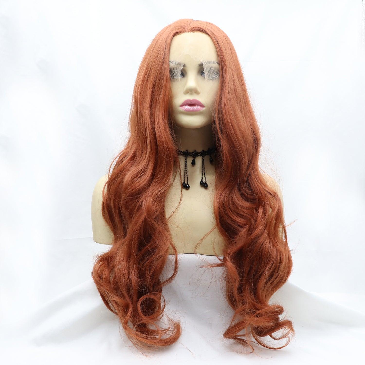 Wavy 24-inch synthetic wig with 130% density and lace front for realistic hairline appearance.