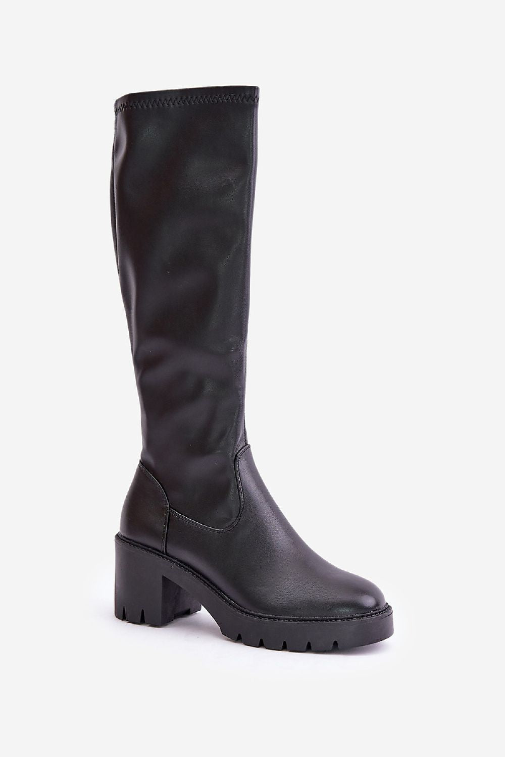 a tall black boot with a chunk heel