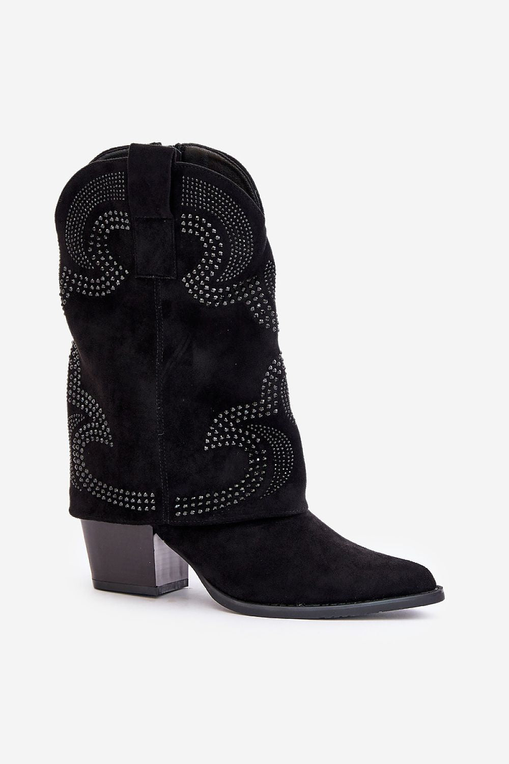 a pair of black boots with studded details