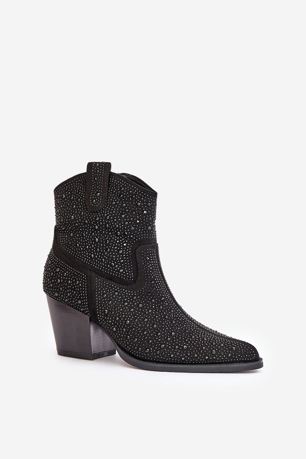 a pair of black boots with a black heel