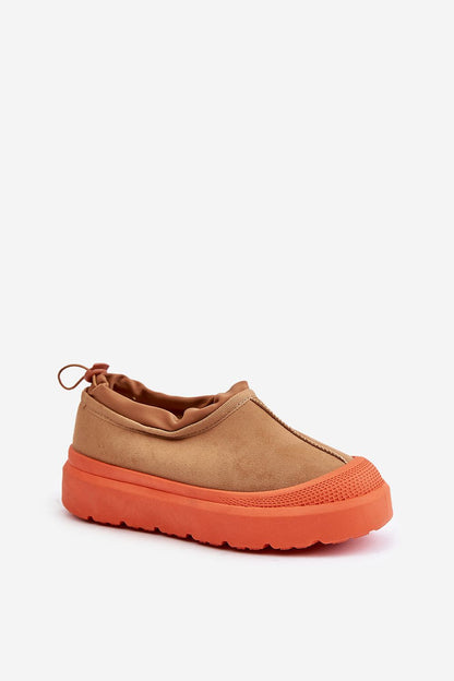 a brown shoe with an orange sole