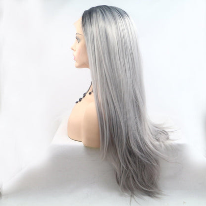 Long gray synthetic wig with straight style and 130% density for full appearance