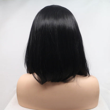 Sleek black synthetic hair wig with a straight mid-length style, displaying a full and voluminous look on a neutral background.