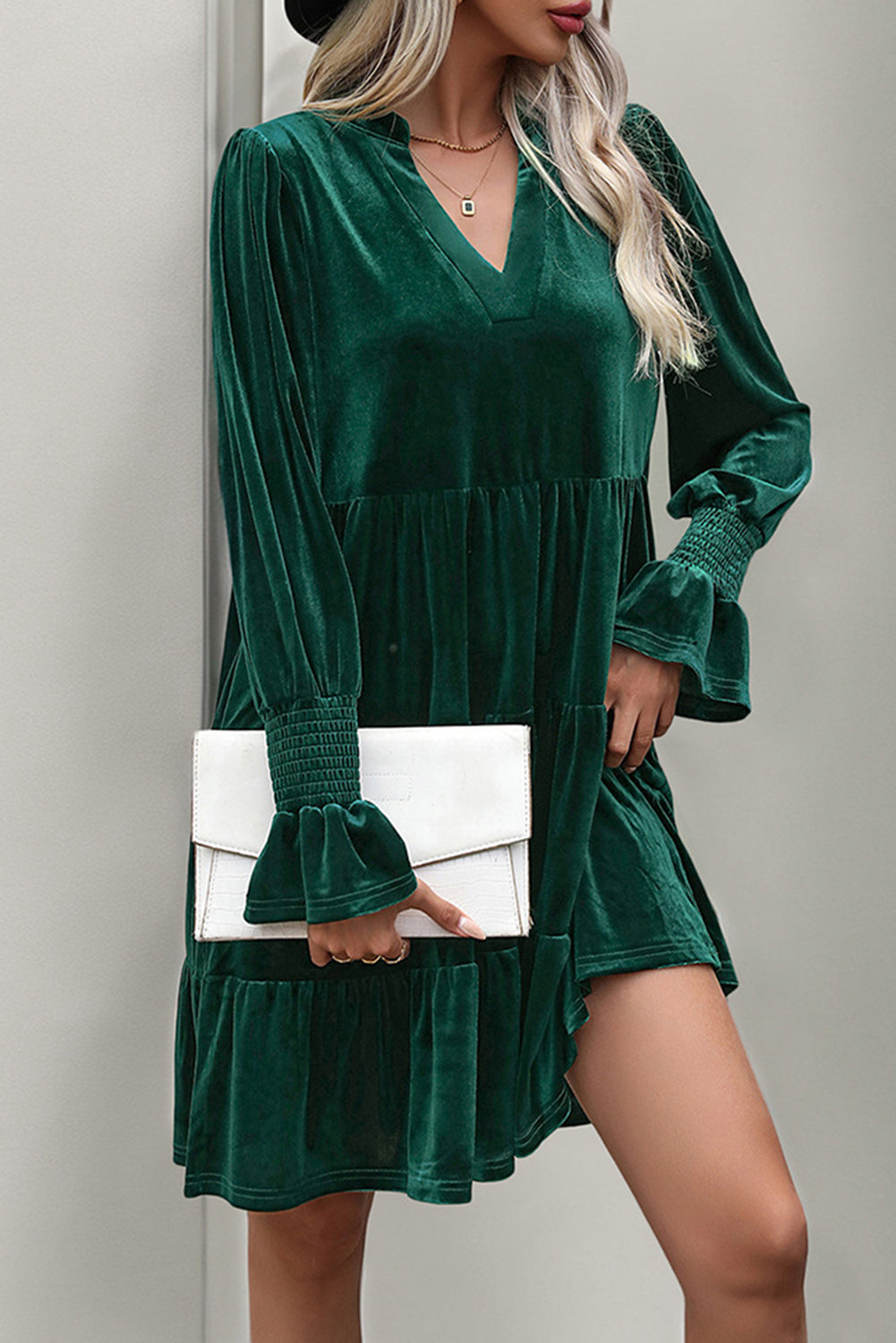 Evergreen Long Sleeve V Neck Velvet Short Dress