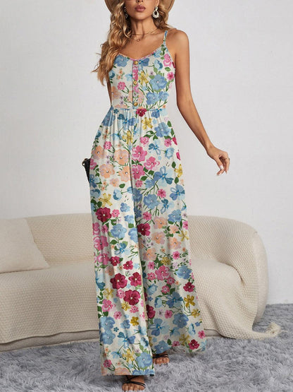 Decorative Button Spaghetti Strap Wide Leg Jumpsuit - KevRow5760