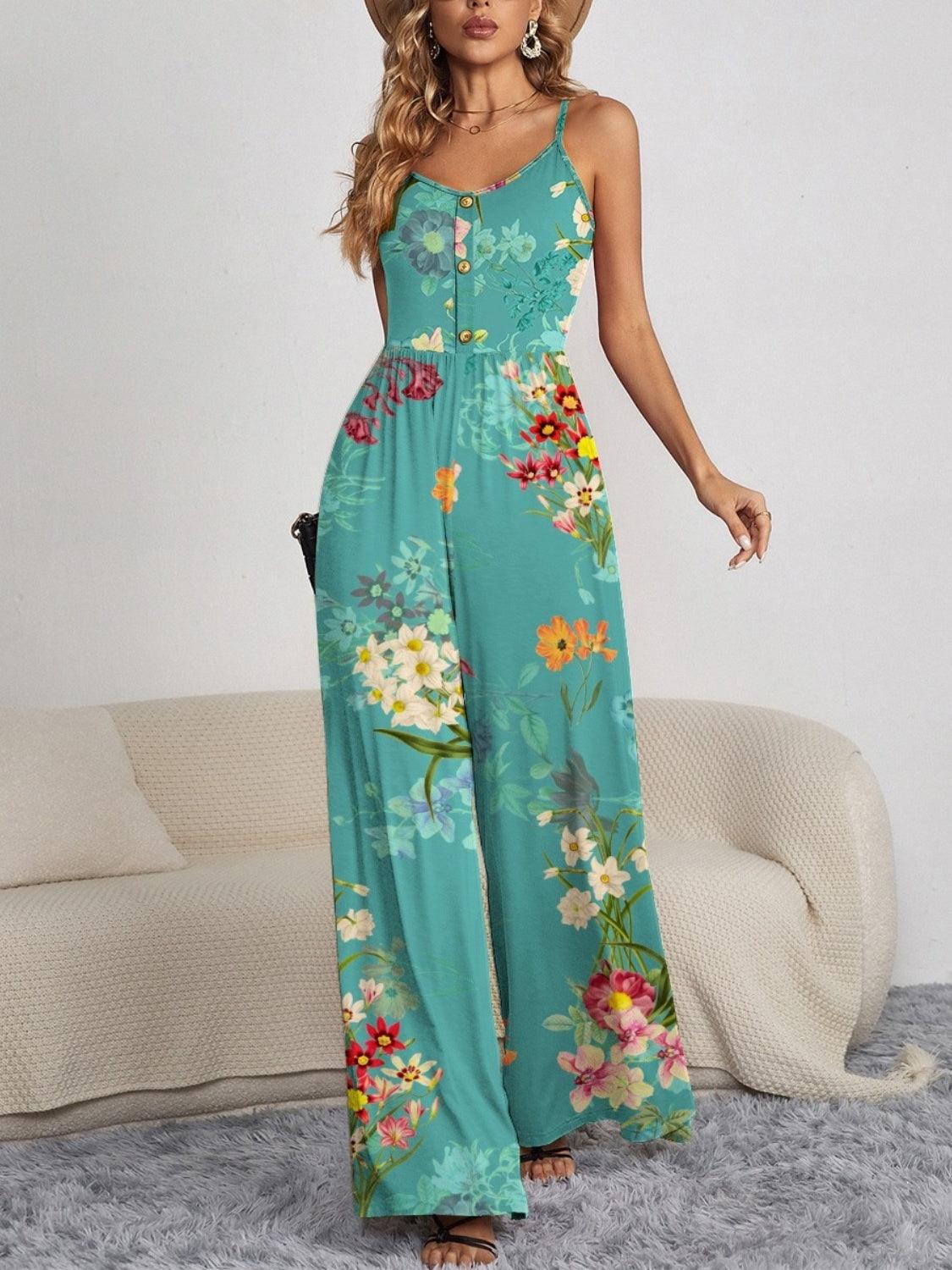 Decorative Button Spaghetti Strap Wide Leg Jumpsuit - KevRow5760