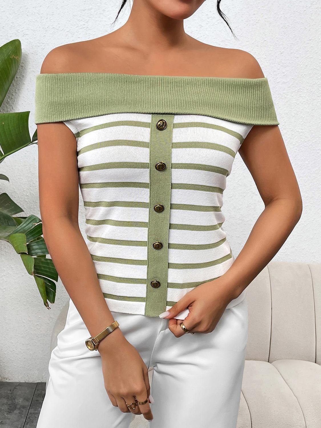 Decorative Button Striped Off-Shoulder Knit Top - KevRow5760