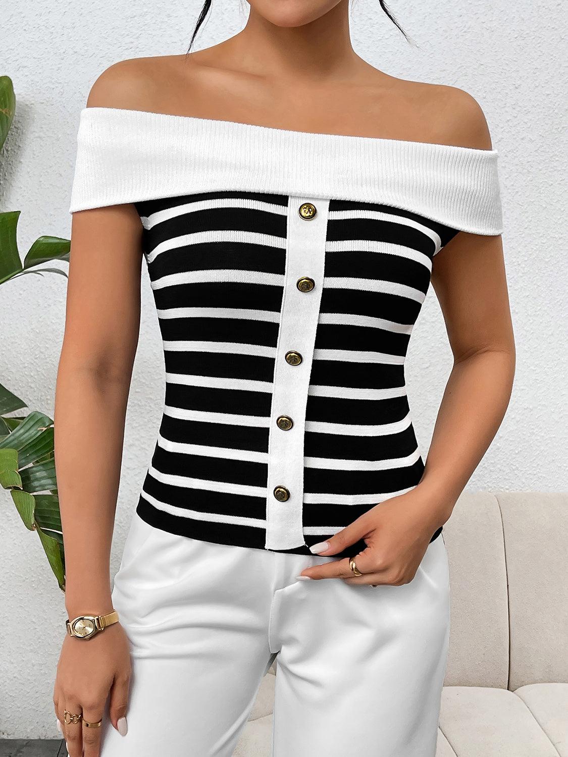 Decorative Button Striped Off-Shoulder Knit Top - KevRow5760