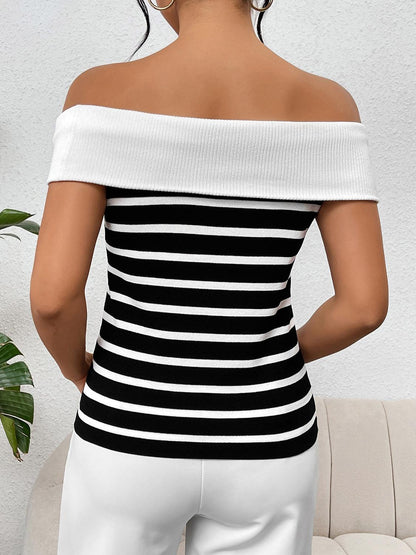 Decorative Button Striped Off-Shoulder Knit Top - KevRow5760