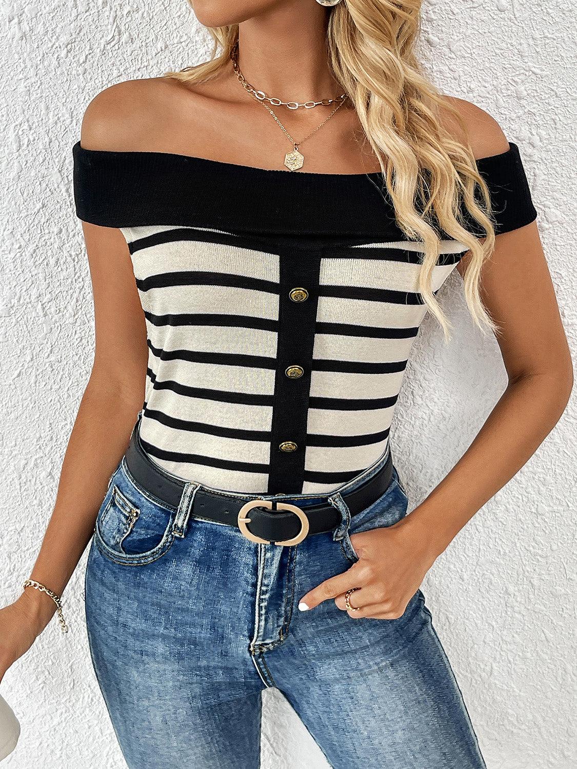 Decorative Button Striped Off-Shoulder Knit Top - KevRow5760