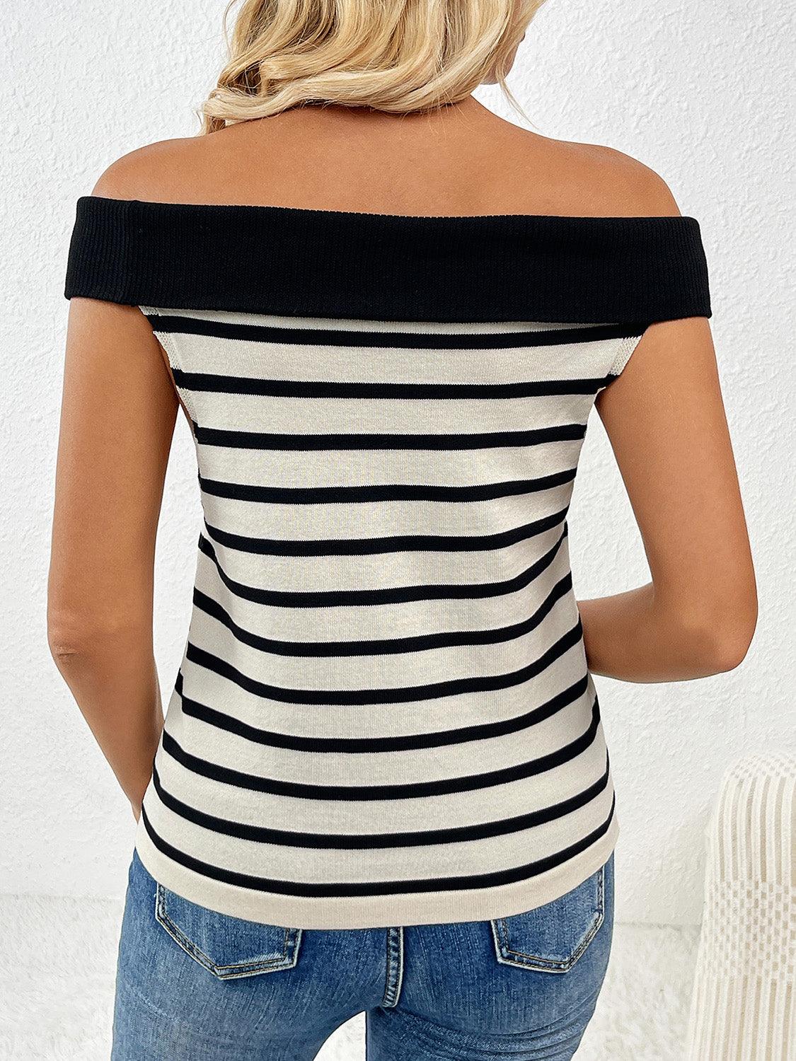 Decorative Button Striped Off-Shoulder Knit Top - KevRow5760