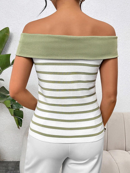 Decorative Button Striped Off-Shoulder Knit Top - KevRow5760