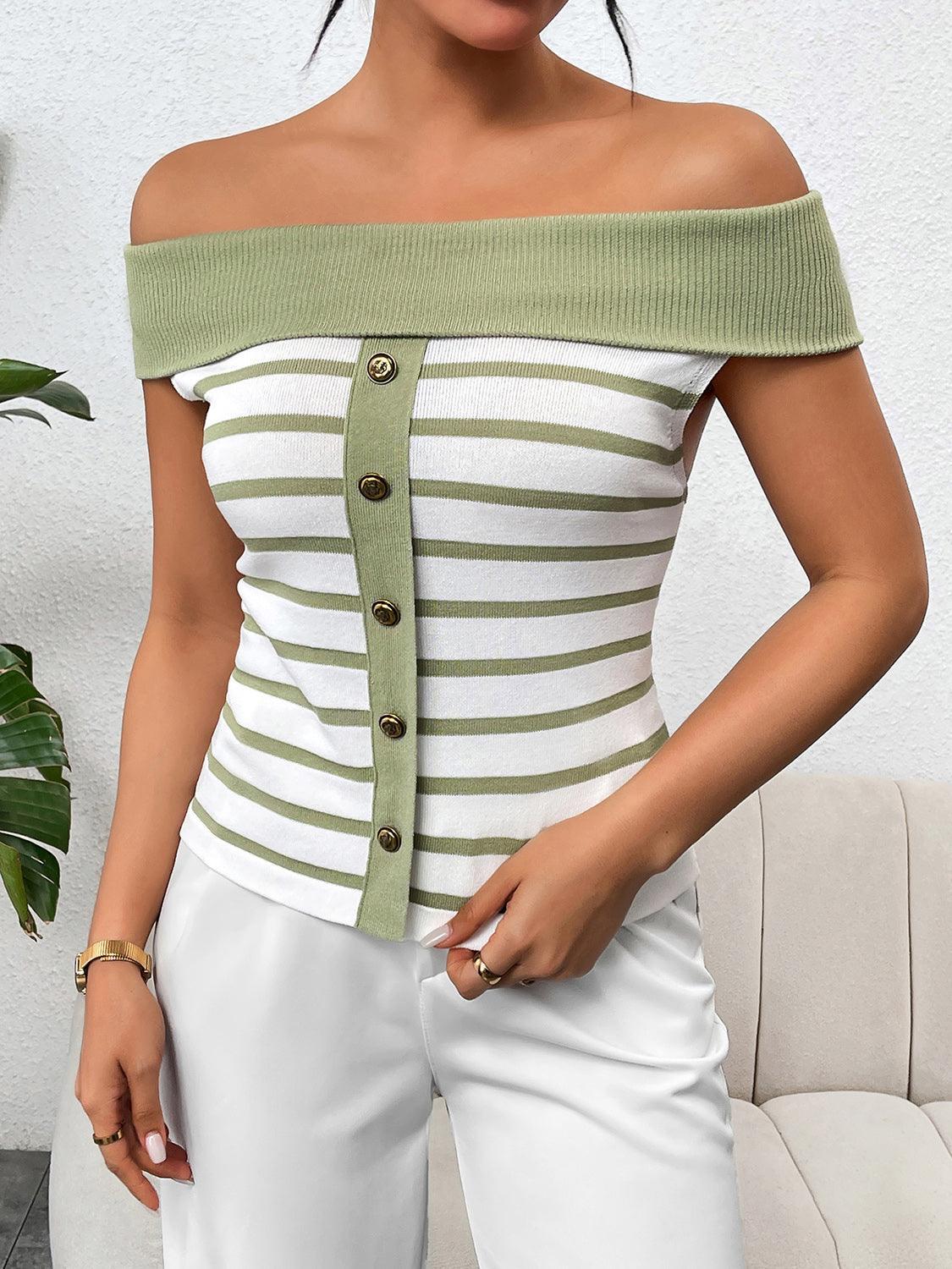 Decorative Button Striped Off-Shoulder Knit Top - KevRow5760