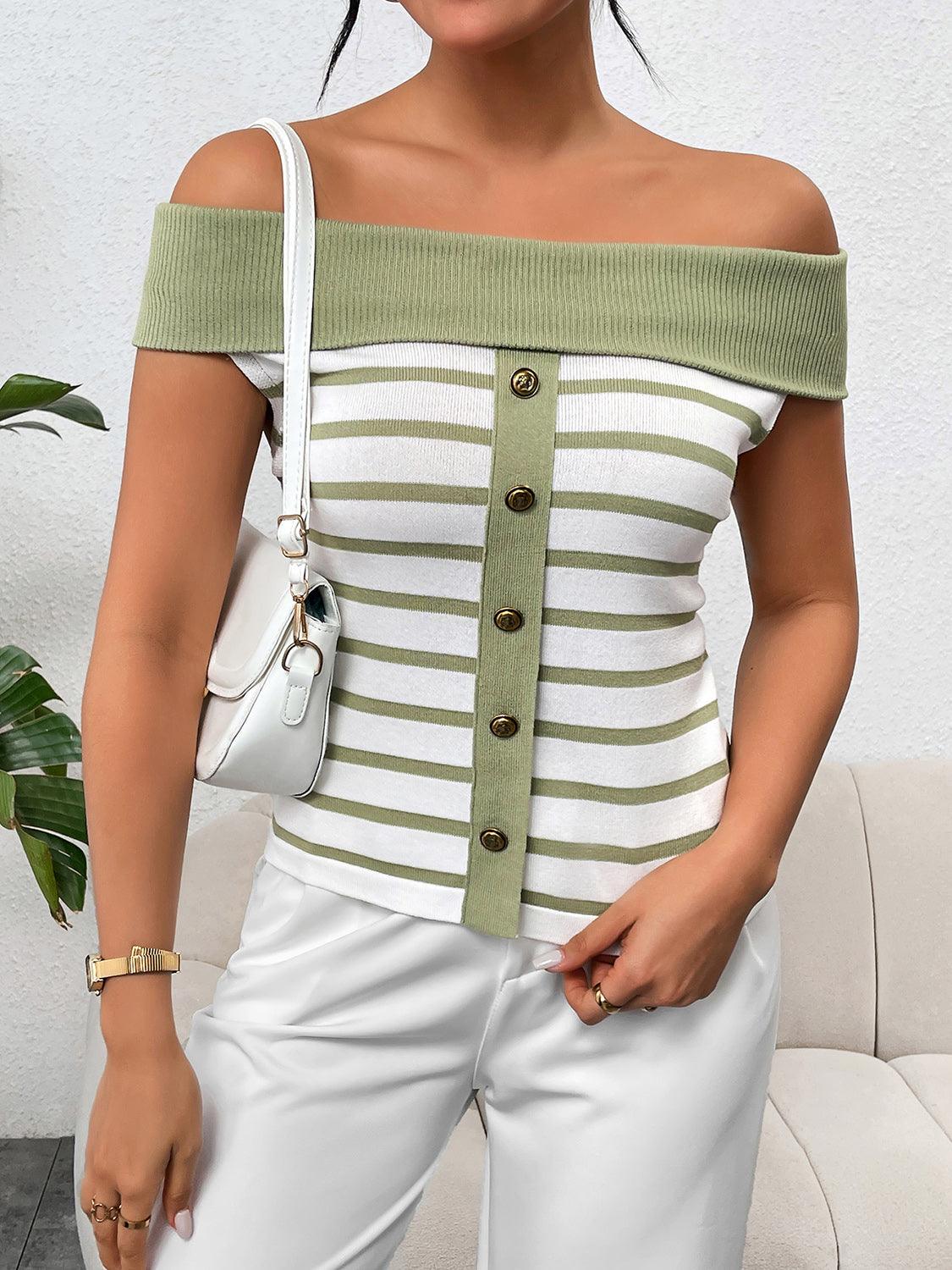 Decorative Button Striped Off-Shoulder Knit Top - KevRow5760